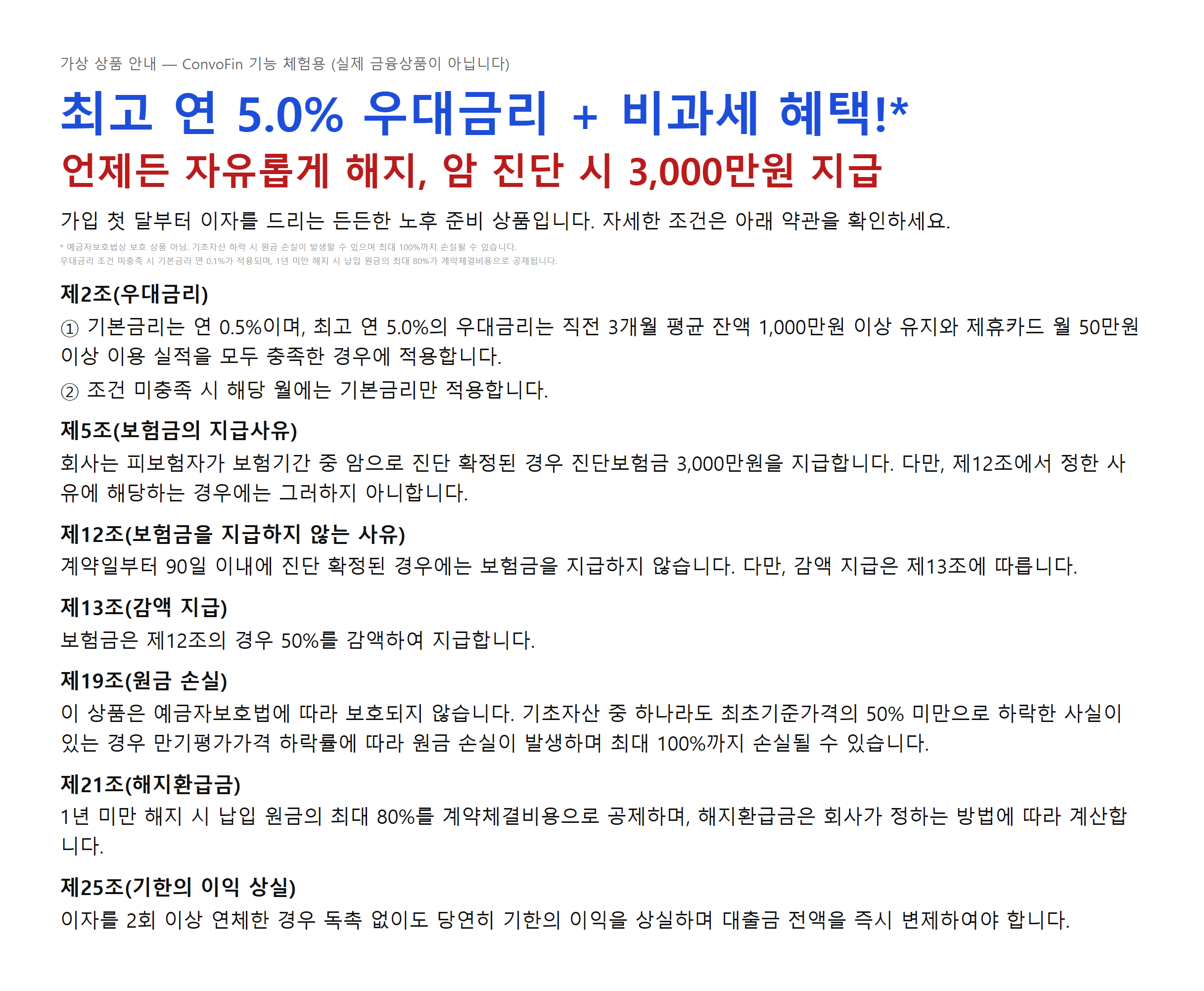 가상 상품 안내장: 큰 글씨로 최고 연 5.0% 우대금리와 언제든 해지, 암 진단 시 3,000만원 지급을 약속하고, 아래에 작은 글씨 조건과 제2조·제5조·제12조·제13조·제19조·제21조·제25조가 이어지는 약관